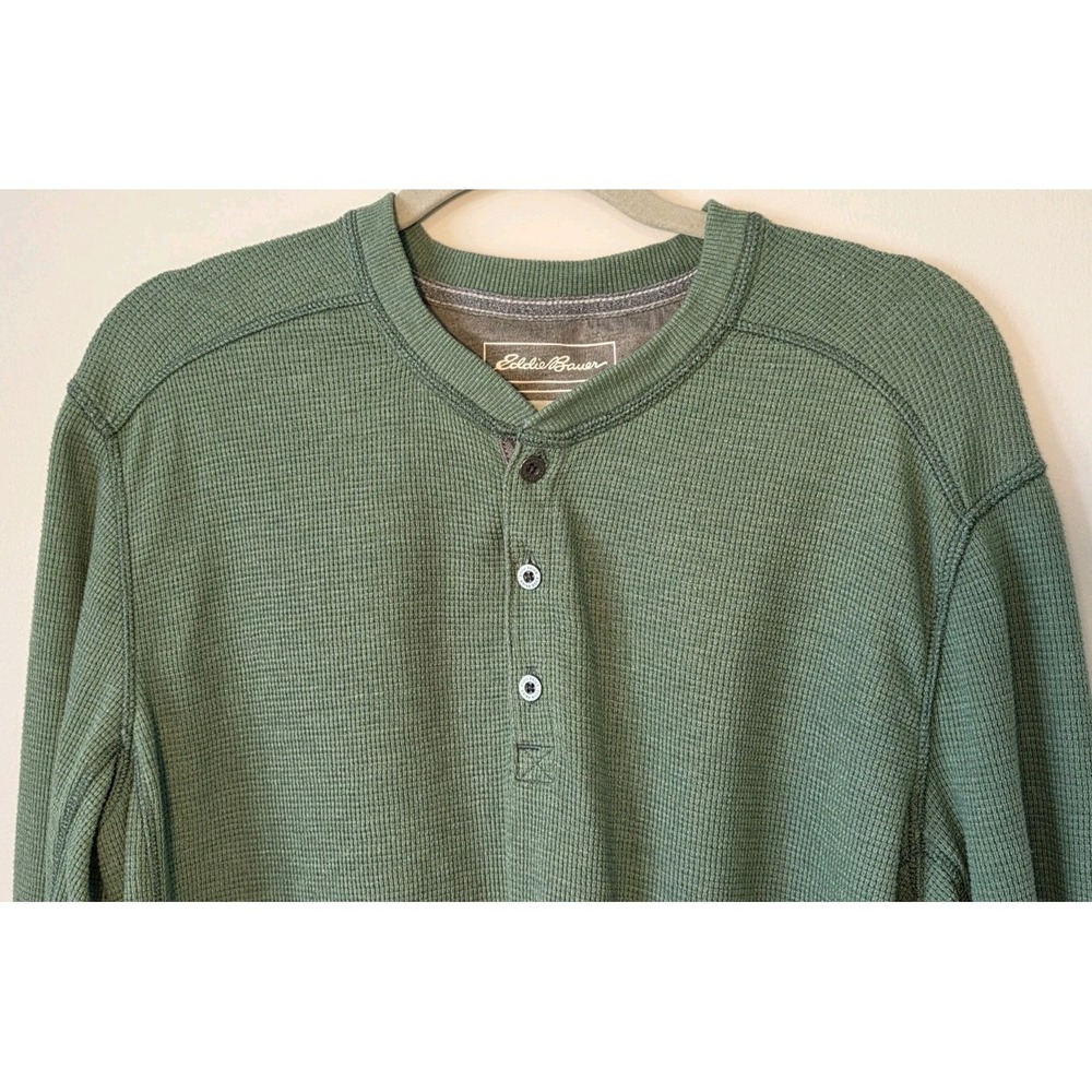 Eddie Bauer Mens Waffle Knit Henley Thermal Shirt Sz Large Green Outdoors Layer